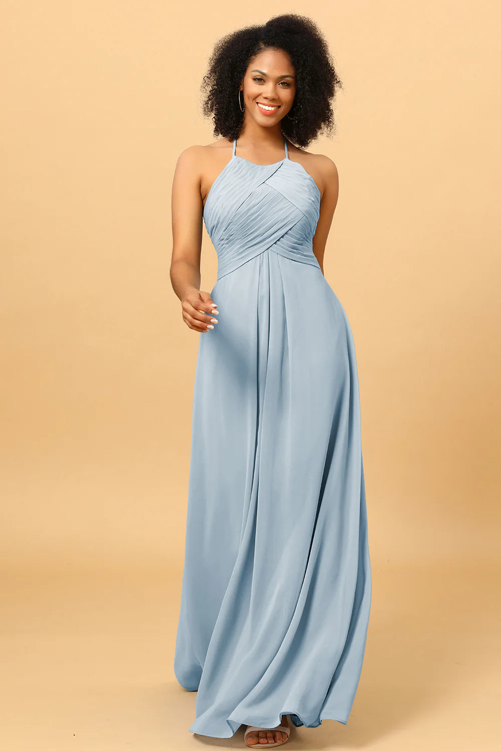 Sheath Halter Open Back Long Chiffon Bridesmaid Dress
