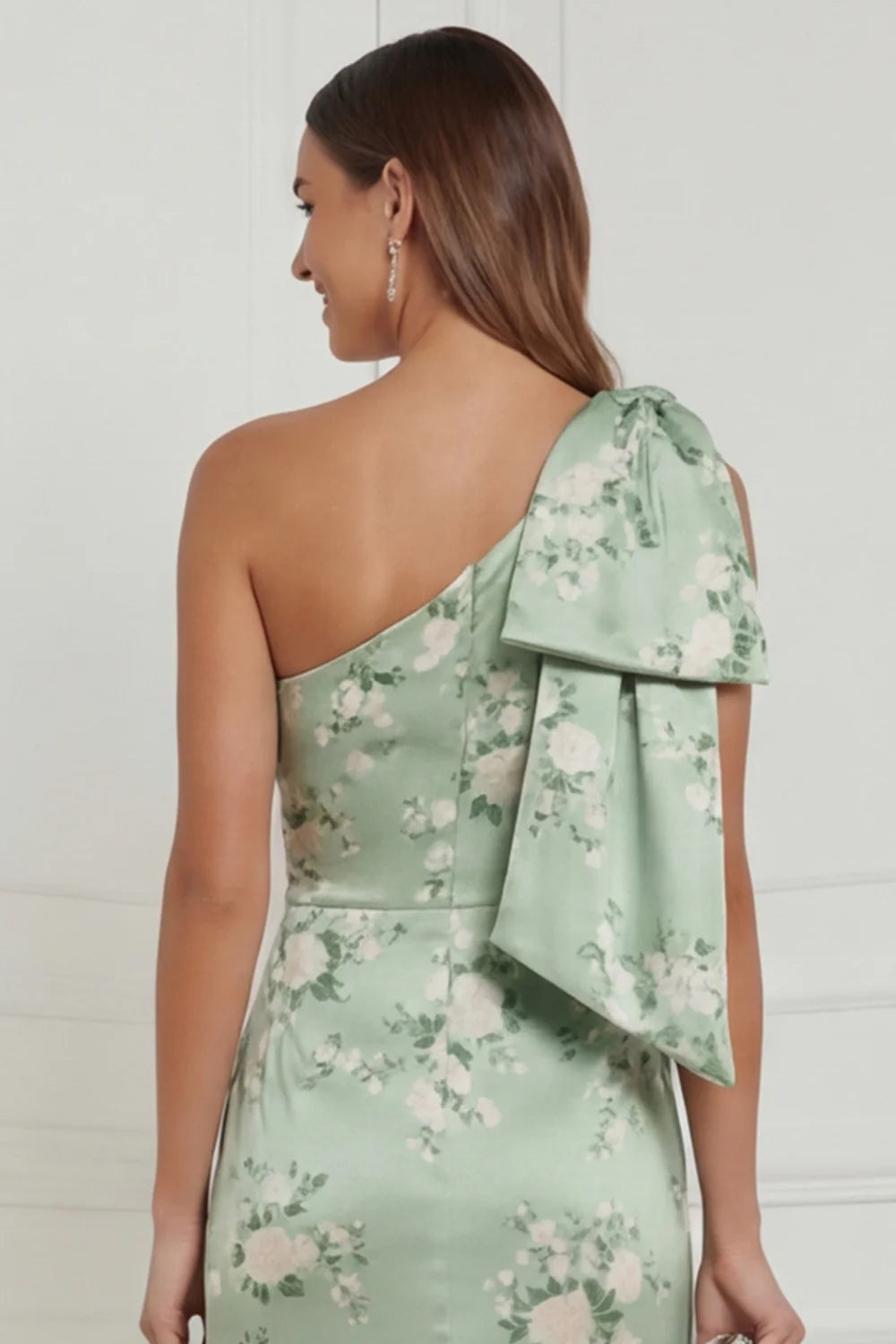 Sage Green One Shoulder Sheath Floral Long Bridesmaid Dress with Bow