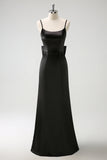 Black Mermaid Spaghetti Straps Long Ruffle Satin Bridesmaid Dress with Bow