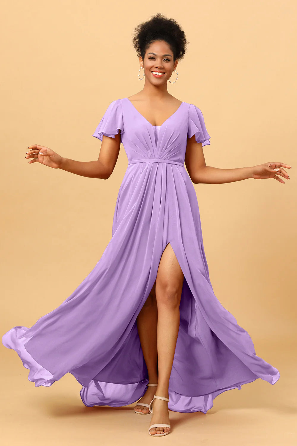 A Line V Neck Ruched Long Chiffon Bridesmaid Dress with Slit