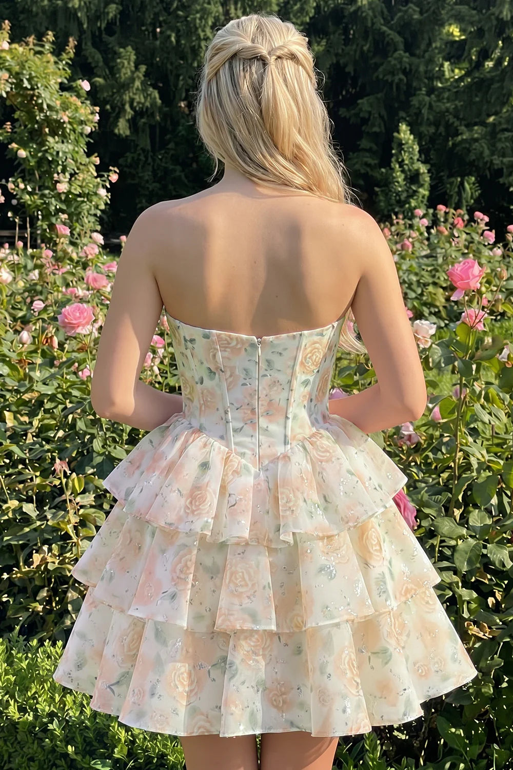 Strapless Floral A Line Sequin Corset Pink Homecoming Dress