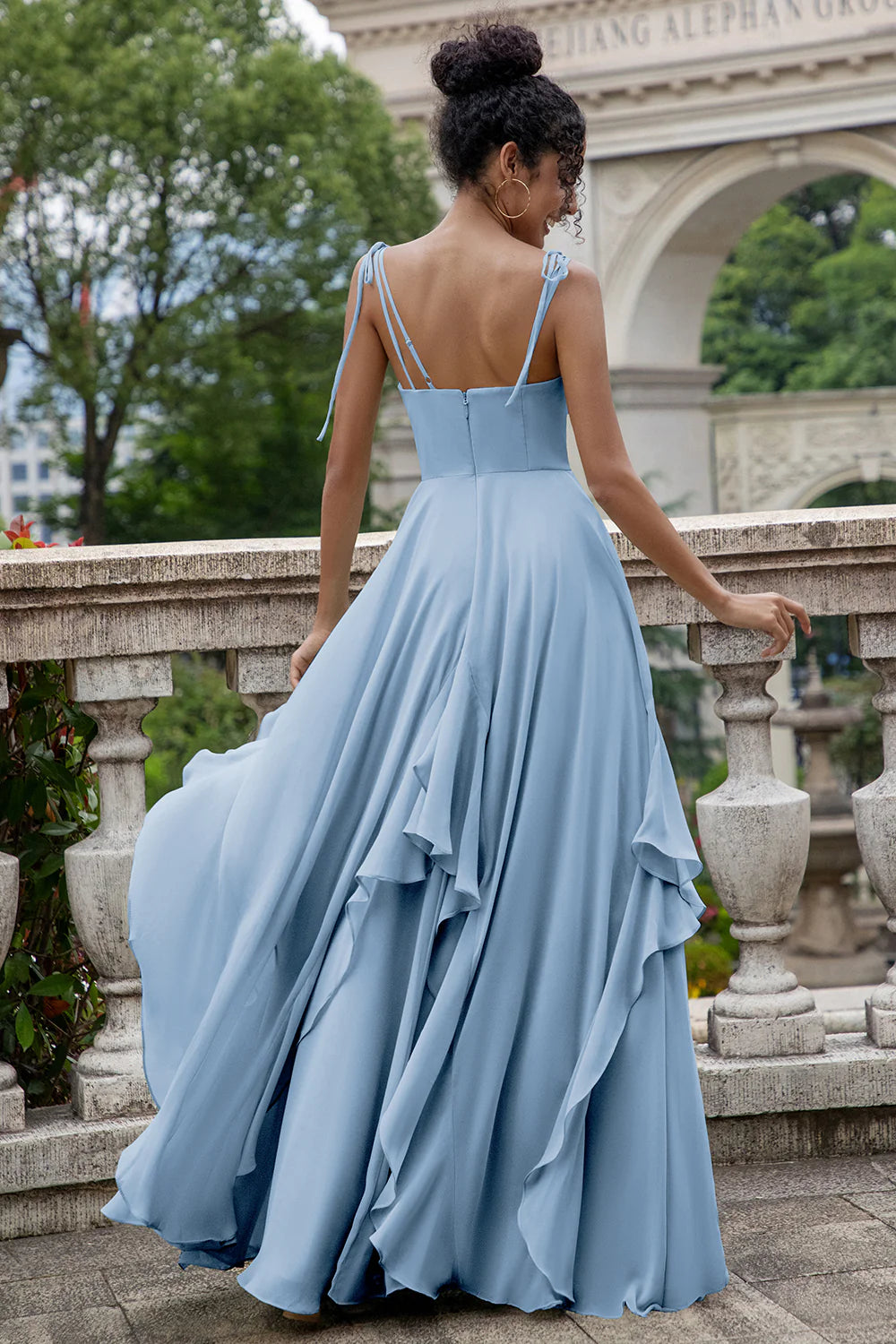 Pine A Line Spaghetti Straps Chiffon Long Asymmetrical Bridesmaid Dress with Ruffles