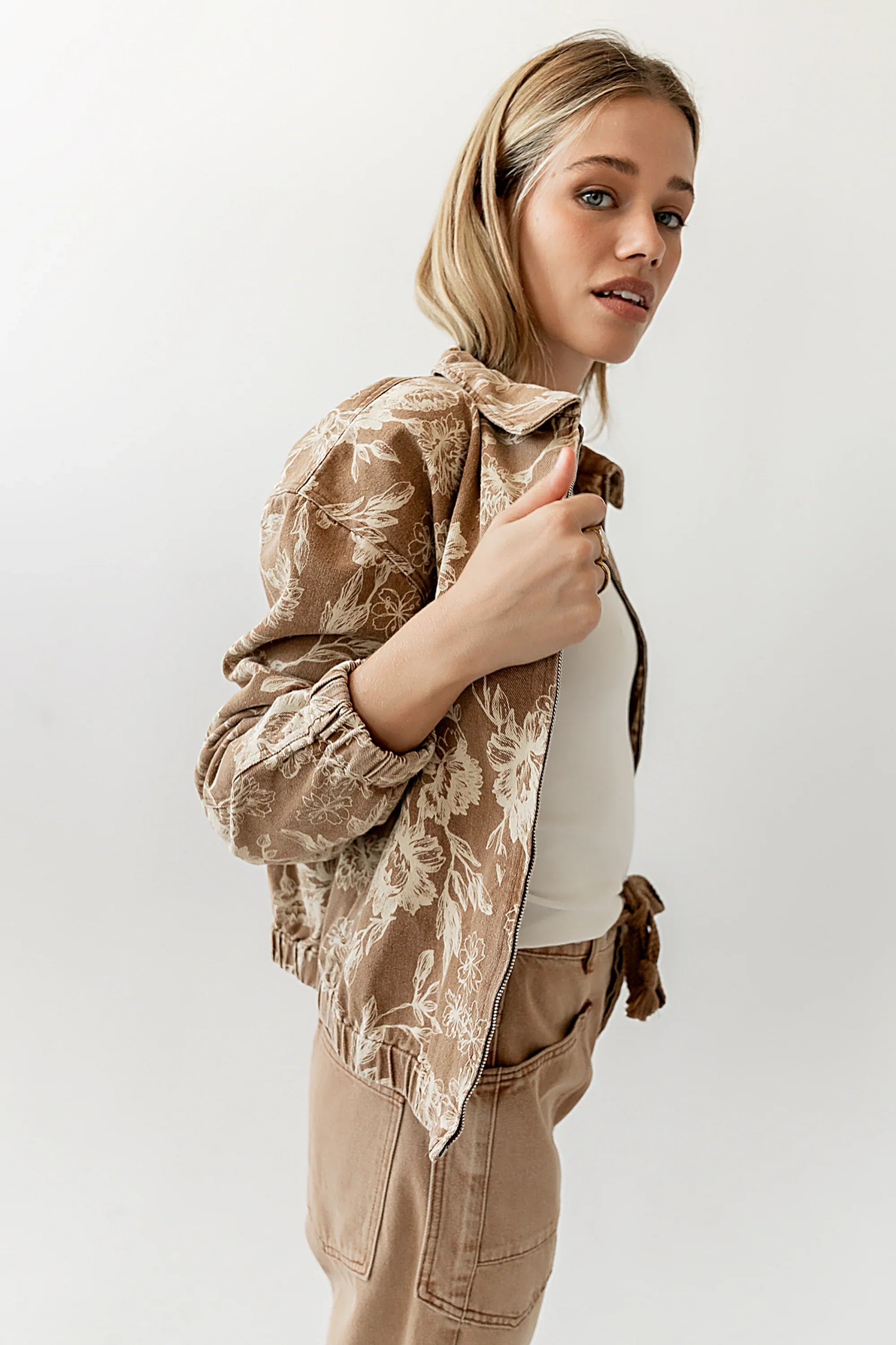 Kellie Floral Bomber Jacket in Camel FINAL SALE