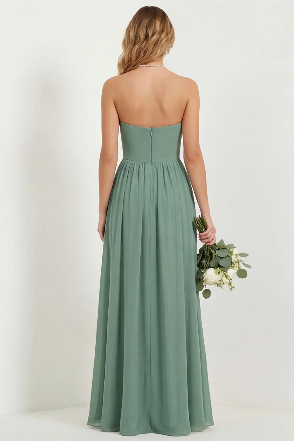 Strapless Eucalyptus Chiffon A Line Long Bridesmaid Dress with Pockets