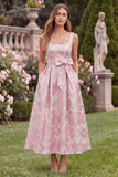 Pink A Line Floral Jacquard Bow Midi Wedding Guest Dress