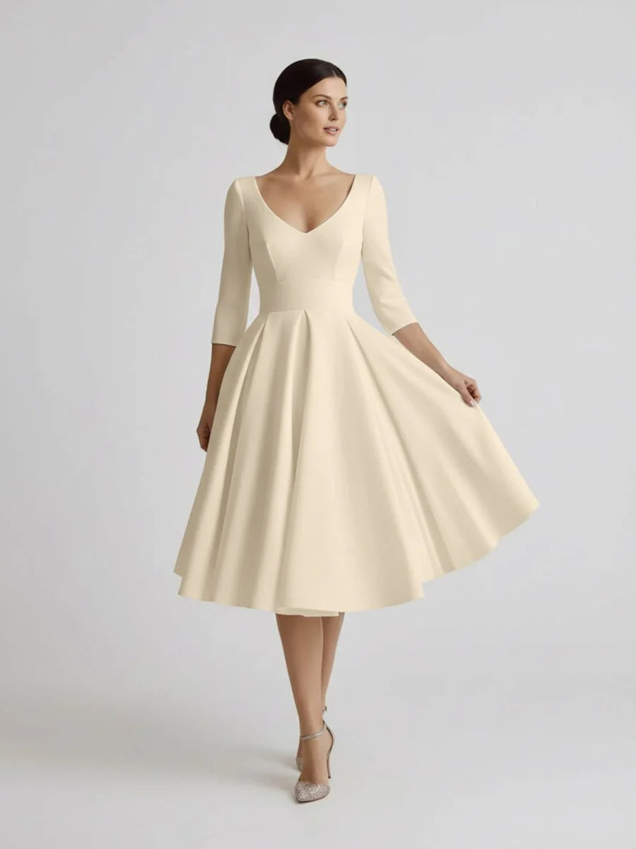 Vintage Sleeved A Line V neck Satin Tea Length Wedding Dress