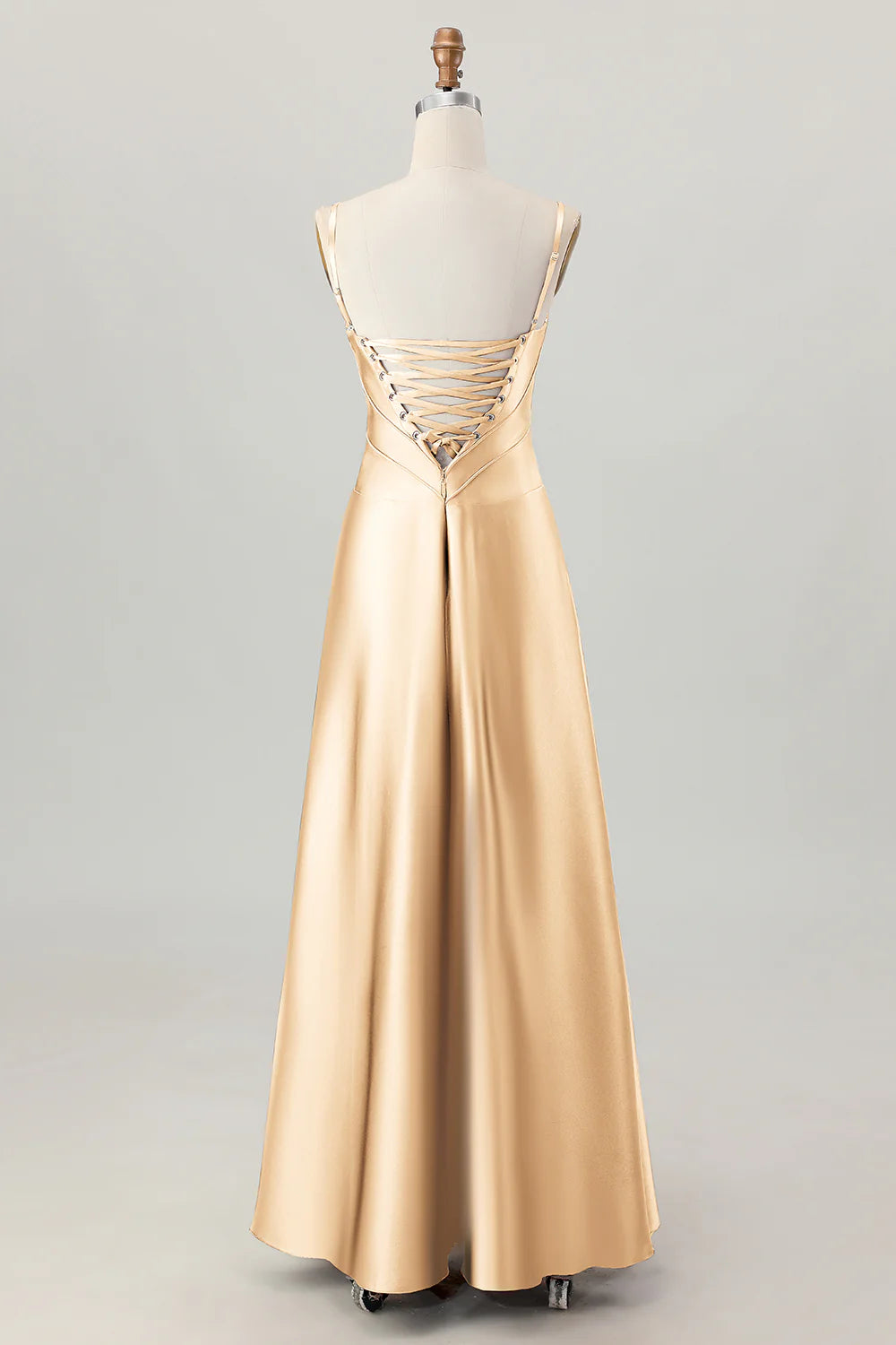 Dusty Sage A Line Spaghetti Straps Satin Long Bridesmaid Dress with Lace Up Back