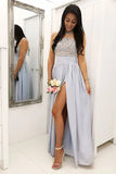 Grey A Line Illusion Round Neck Long Chiffon Bridesmaid Dress with Lace