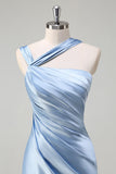 Sky Blue Mermaid Pleated Satin Long Bridesmaid Dress with Slit