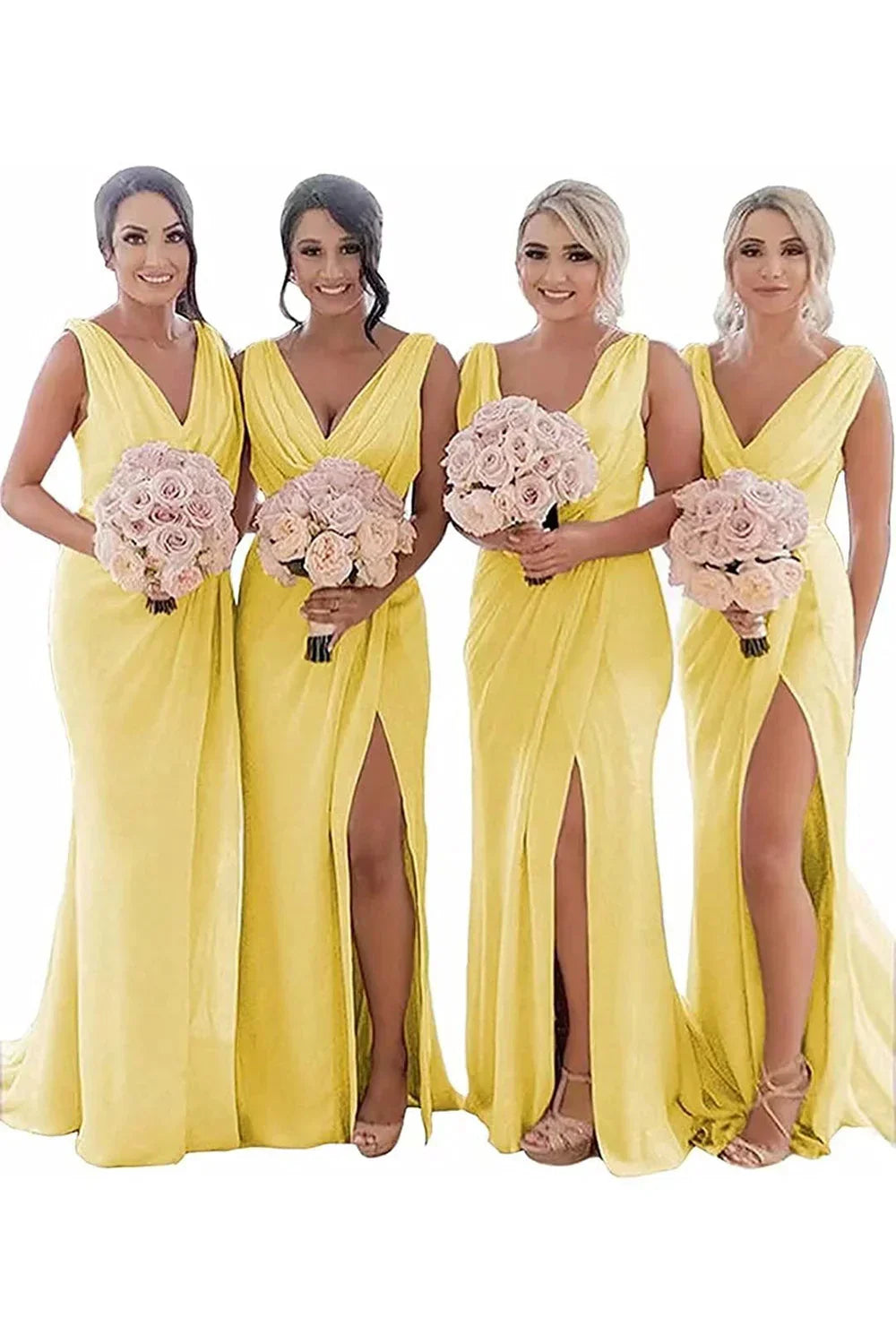 Ivory Sheath Chiffon Ruched Long Bridesmaid Dress with Slit