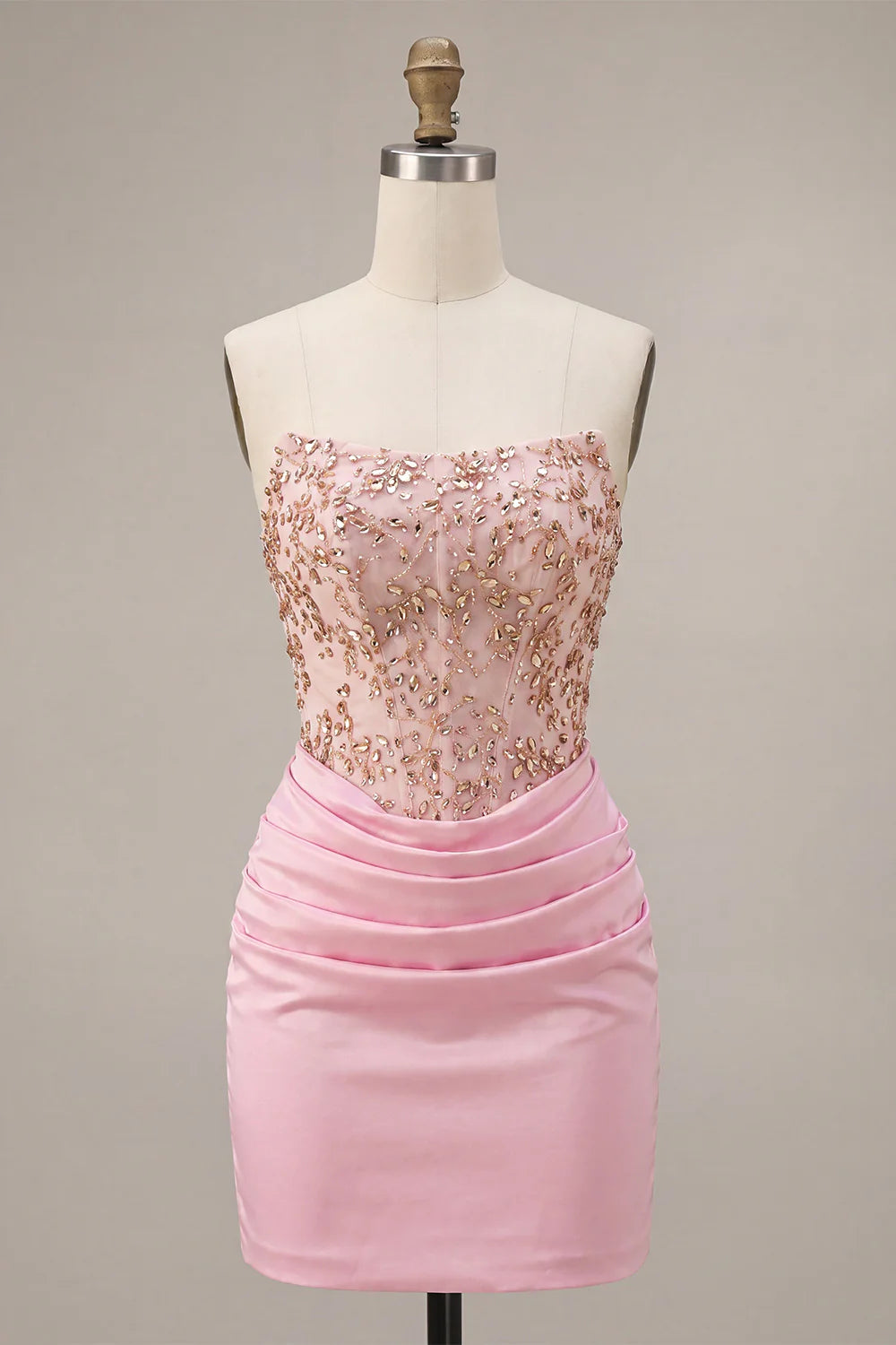 Strapless Pink Beaded Bodycon Corset Homecoming Dress