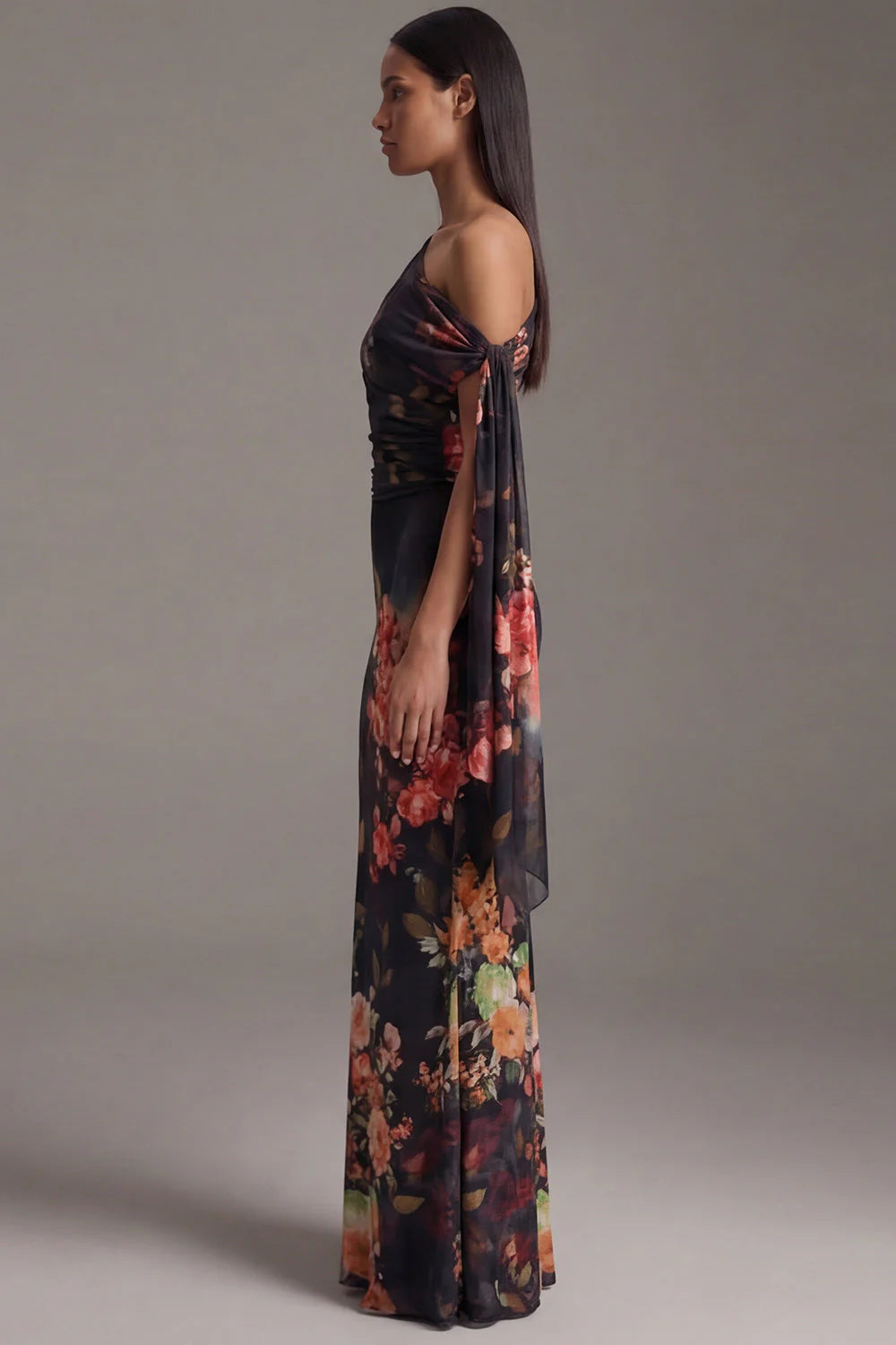 Asymmetrical Neck Black Mermaid Printed Long Formal Dress