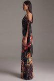 Asymmetrical Neck Black Mermaid Printed Long Formal Dress