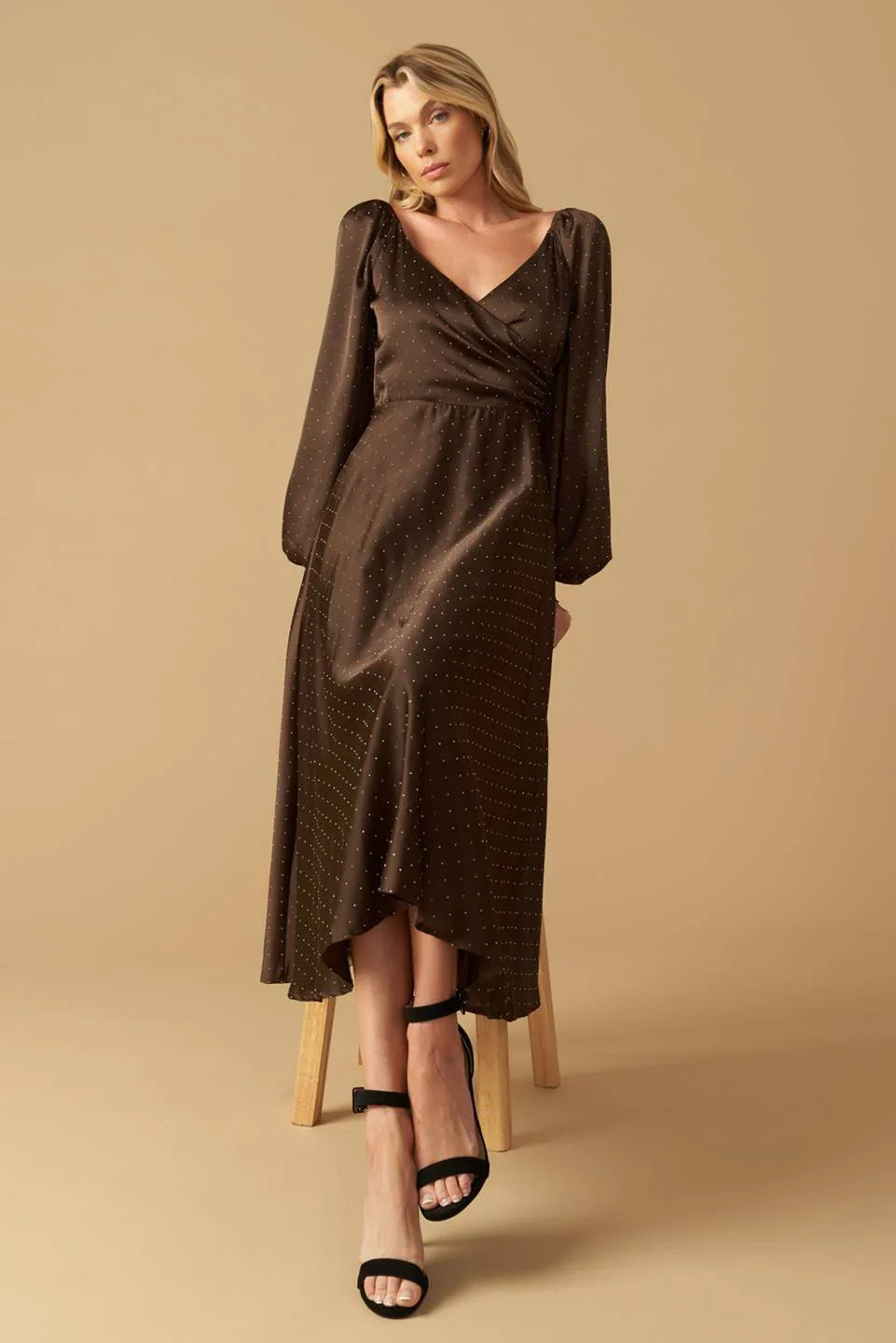 ROMANTIC LOVE BROWN LONG SLEEVE MIDI DRESS FINAL SALE