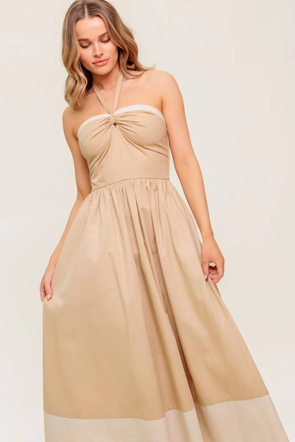 HYDRANGEA HAZE HALTER MIDI DRESS TAUPE
