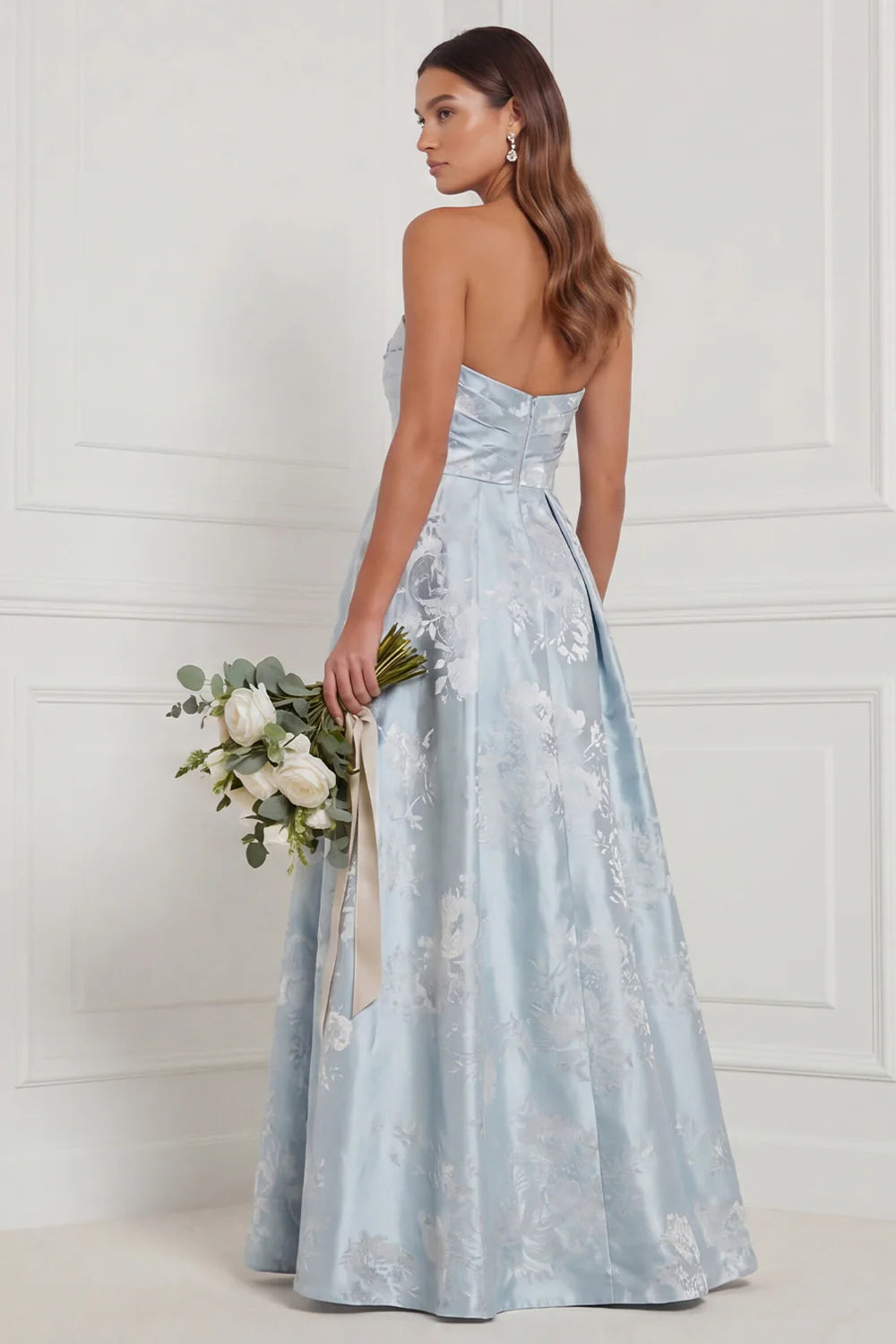 Blue A Line Strapless Floral Bridesmaid Dress