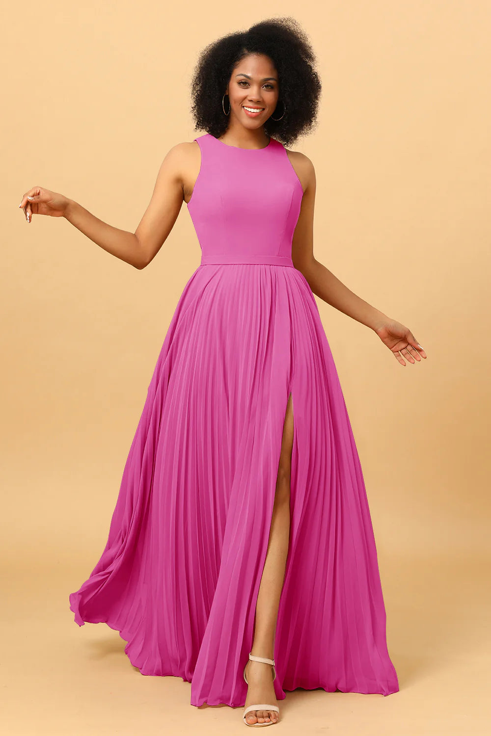 A Line Pleated Long Chiffon Bridesmaid Dress with Ruffles