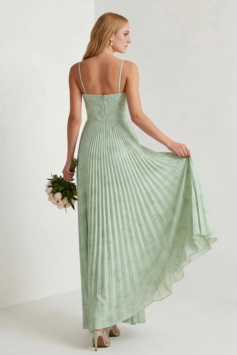 Sage Green Floral A Line Corset Pleated Long Bridesmaid Dress