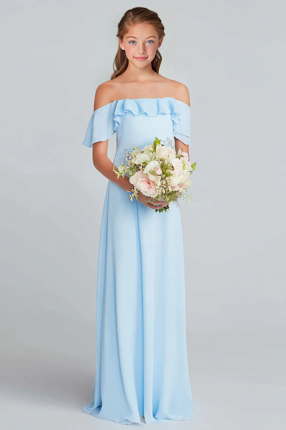 Sky Blue Off The Shoulder Chiffon A Line Junior Bridesmaid Dress