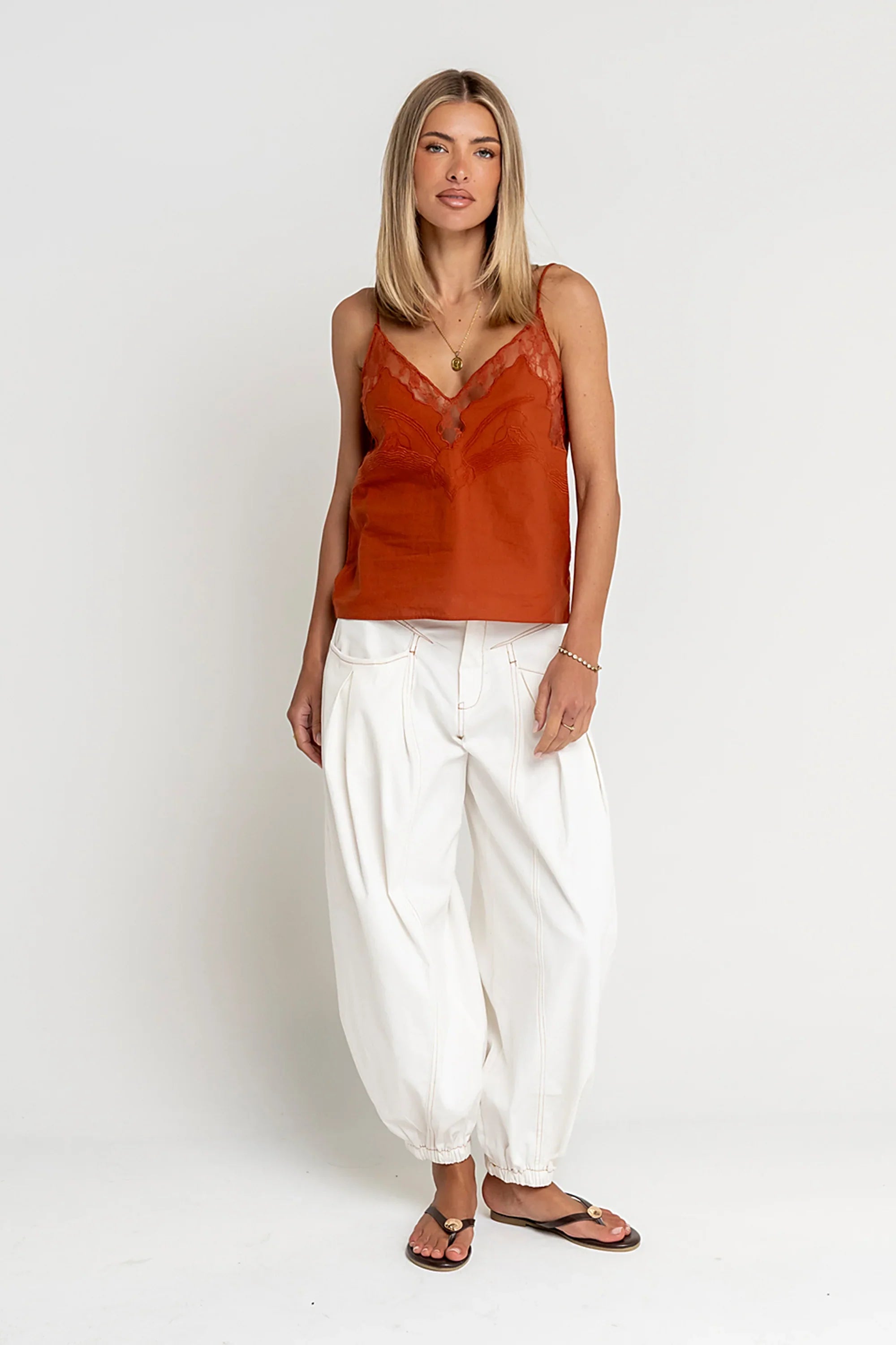 Lana Embroidered Tank Top in Rust