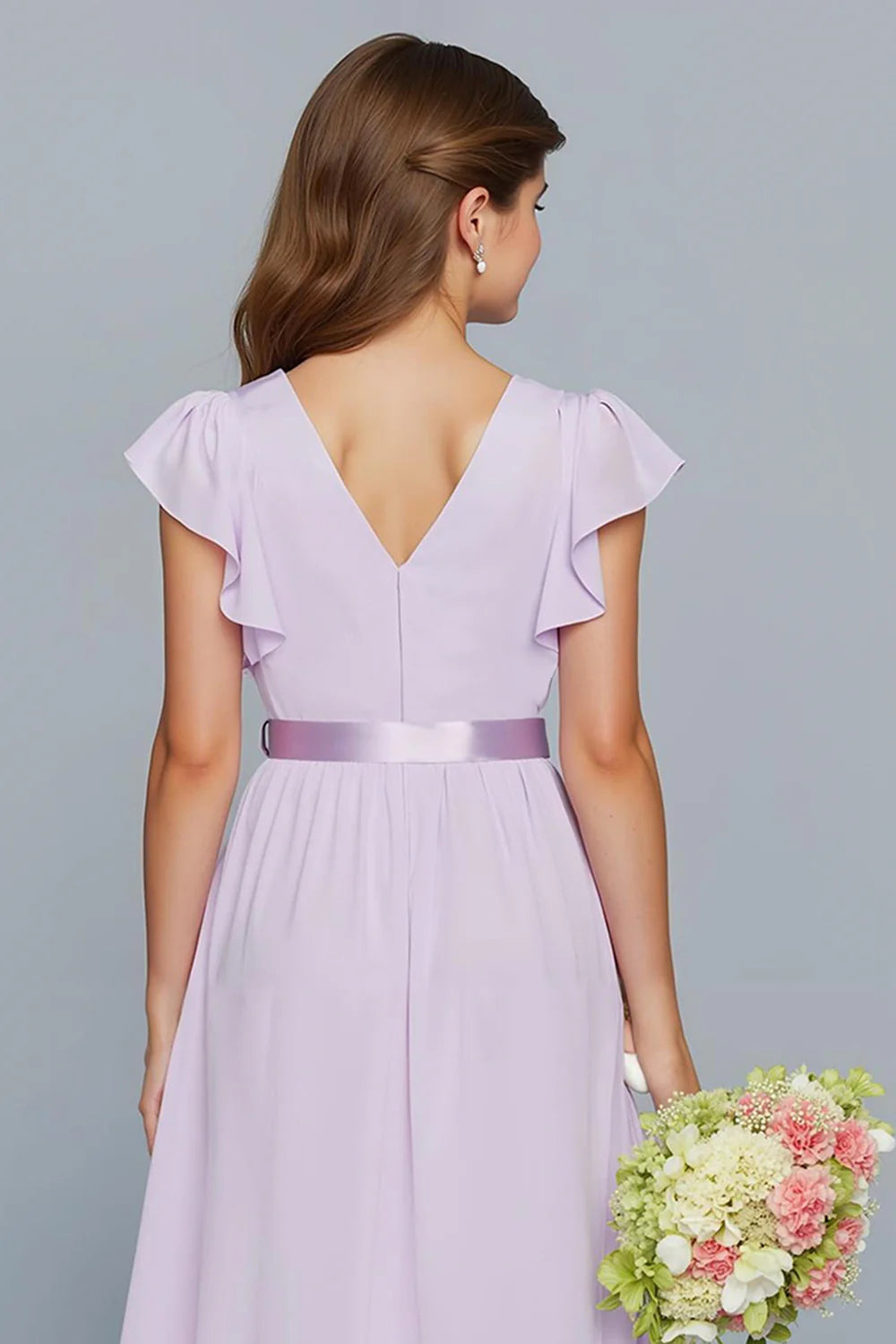 Lilac A Line V Neck Junior Bridesmaid Dress with Ruffles