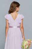 Lilac A Line V Neck Junior Bridesmaid Dress with Ruffles