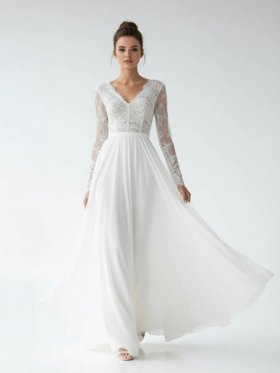 Romantic Modern A Line Floor length Chiffon Lace V neck Long Sleeve Wedding Dress