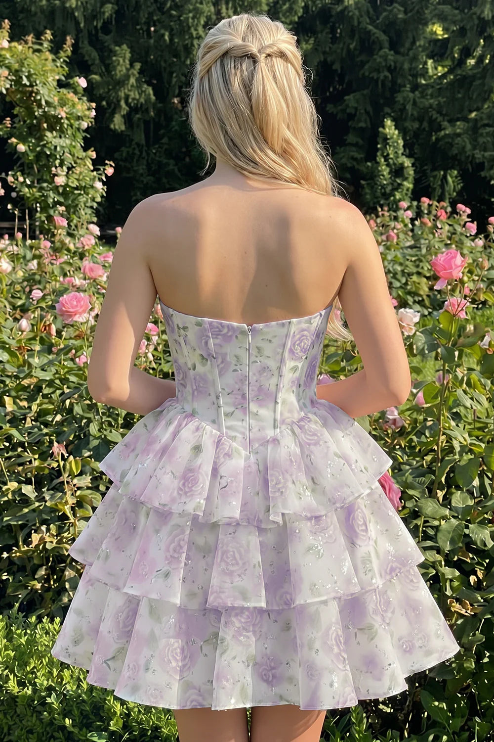 Strapless Floral A Line Sequin Corset Pink Homecoming Dress