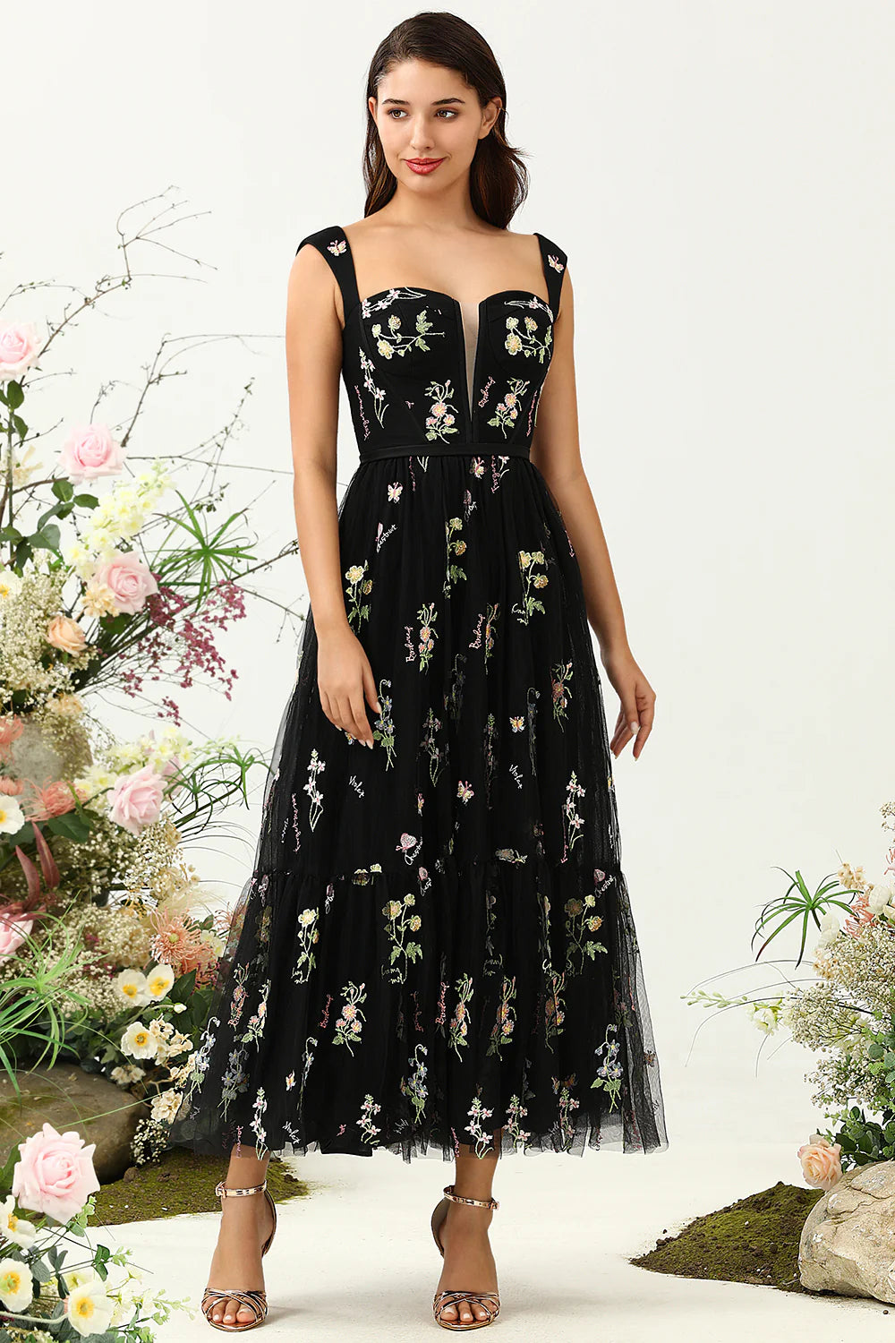 Black A Line Sweetheart Tea Length Wedding Party Dress with Embroidery
