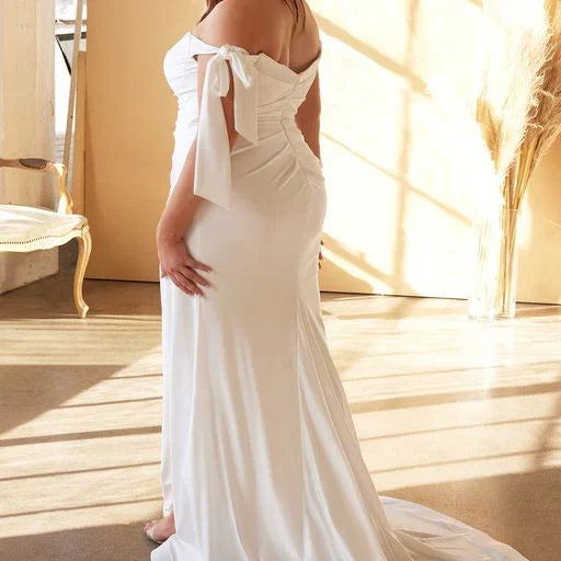 Amber Gown Off White Off Shoulder Stretch Spandex Satin Dress With Ties