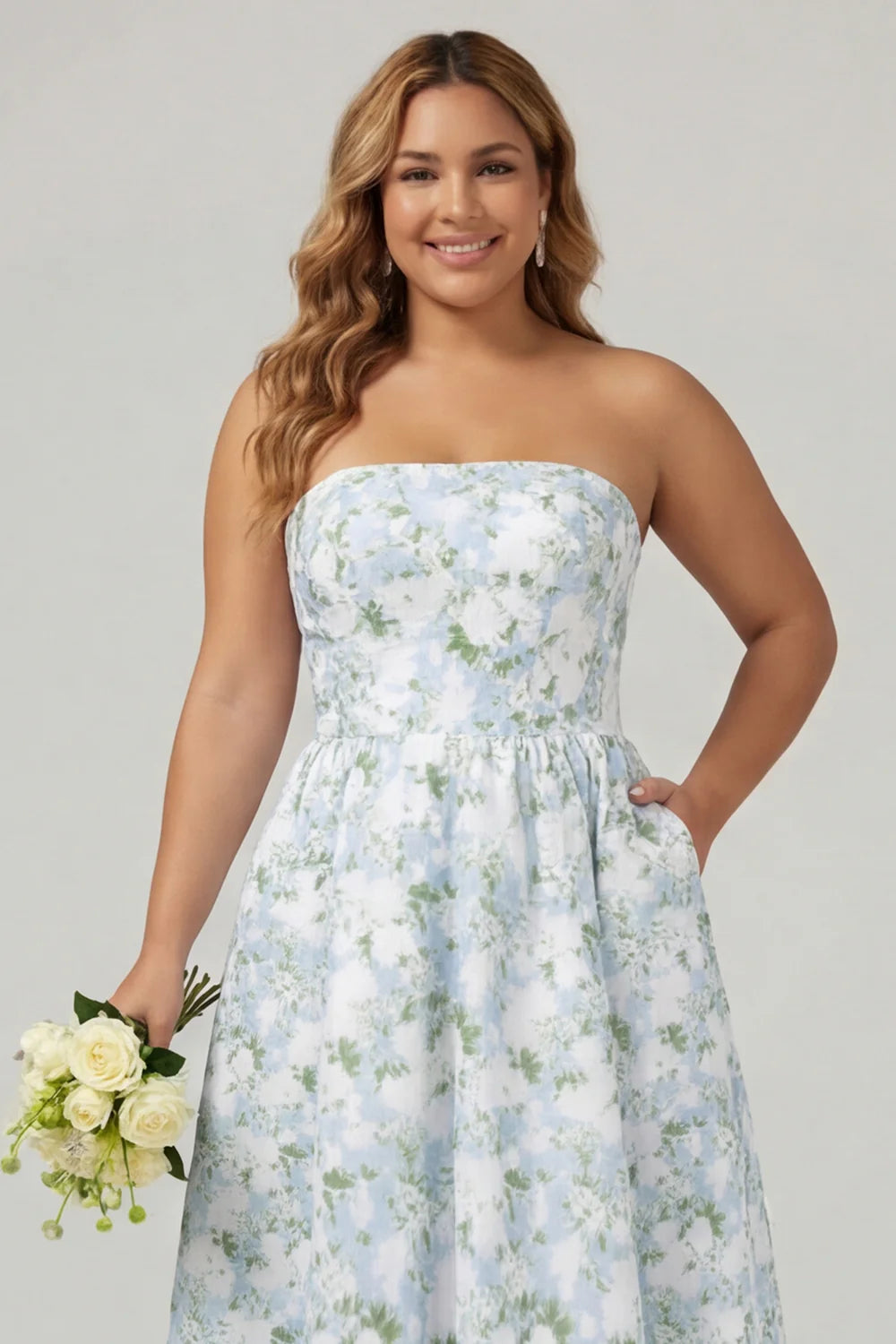 Strapless Blue White Floral Print A Line Long Satin Plus Size Bridesmaid Dress with Pockets