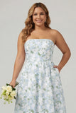 Strapless Blue White Floral Print A Line Long Satin Plus Size Bridesmaid Dress with Pockets