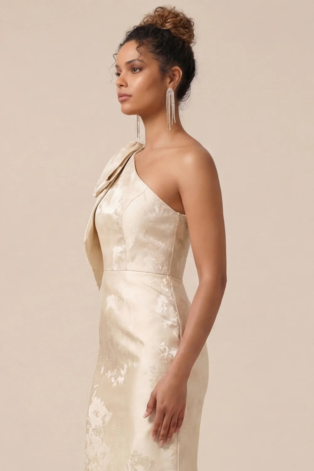 Blush Pink Mermaid One Shoulder Floral Long Bridesmaid Dress with Bow