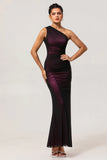 Black Pink Mermaid One Shoulder Tulle Maxi Dress with Slit