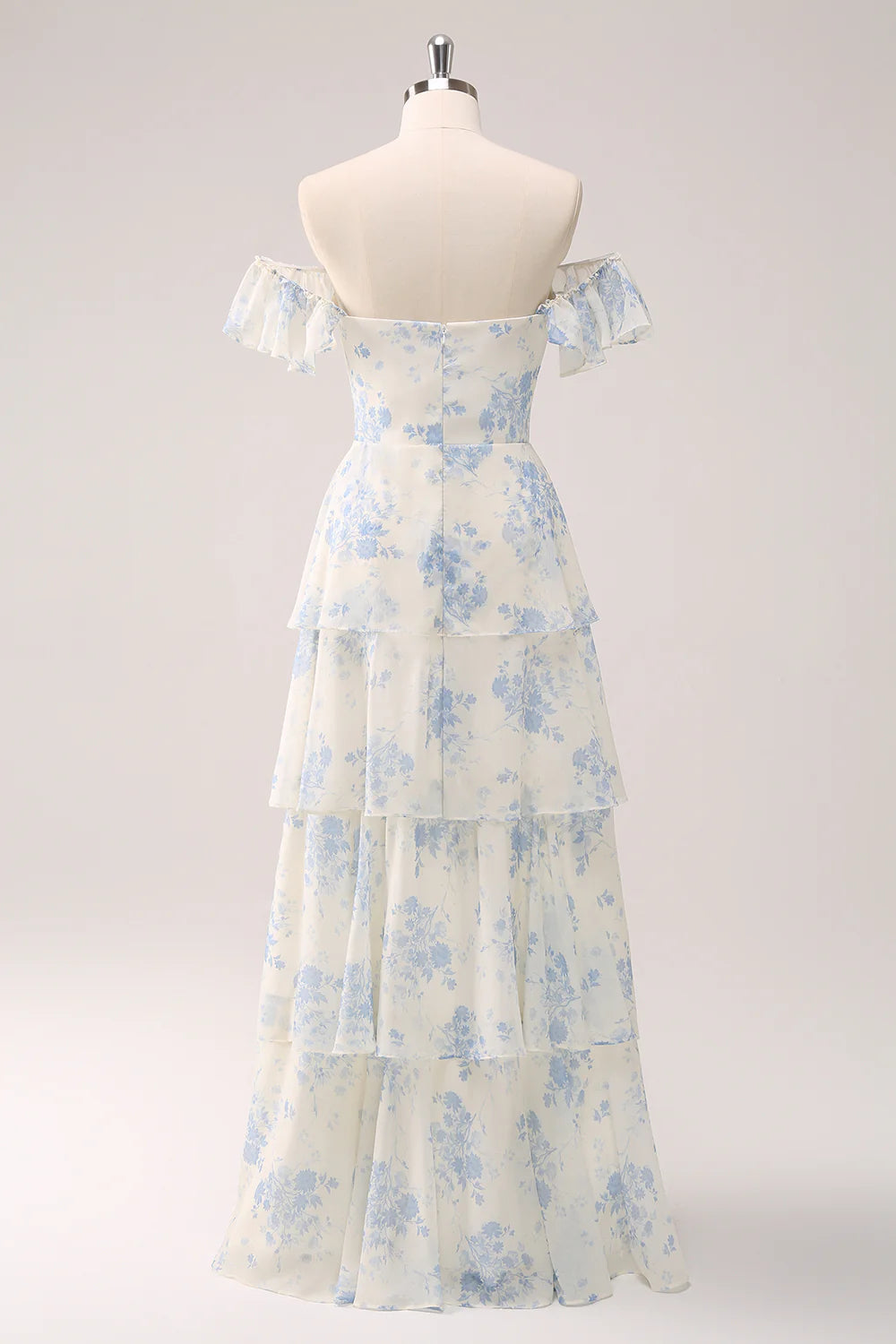 White Blue Floral A Line Off The Shoulder Tiered Print Bridesmaid Dress