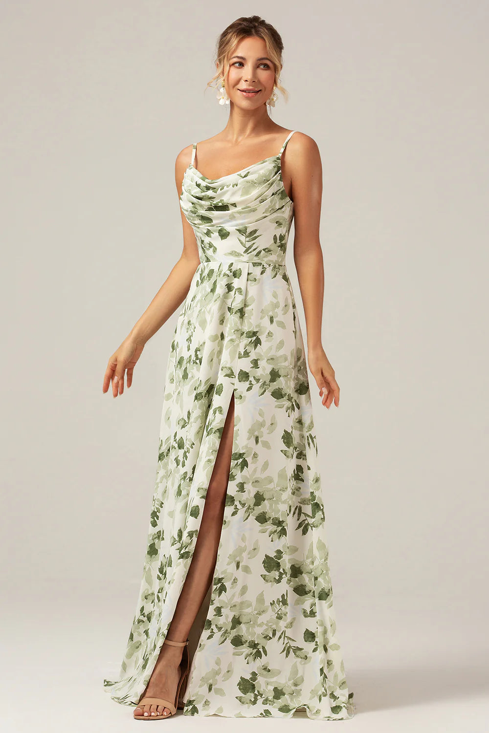 Green Printed A Line Cowl Neck Long Bridesmaid Dress With Slit