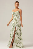Green Printed A Line Cowl Neck Long Bridesmaid Dress With Slit