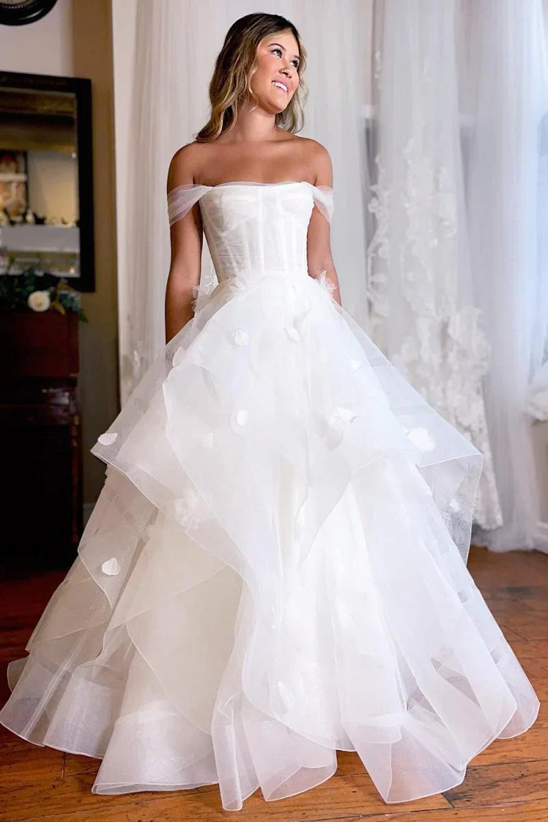 Simple White Corset A Line Wedding Dress with Appliques