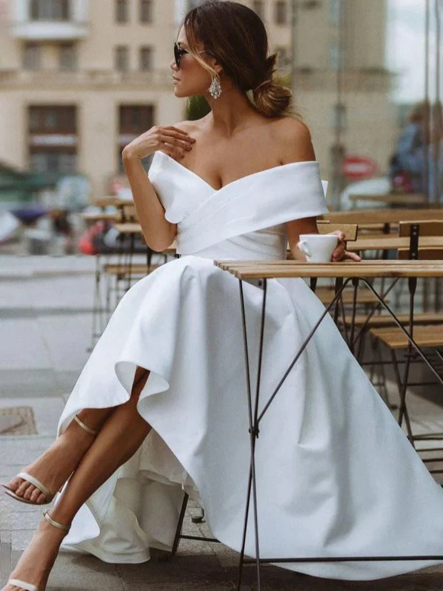 A Line Satin Tea Length White Off the Shoulder Wedding Dress