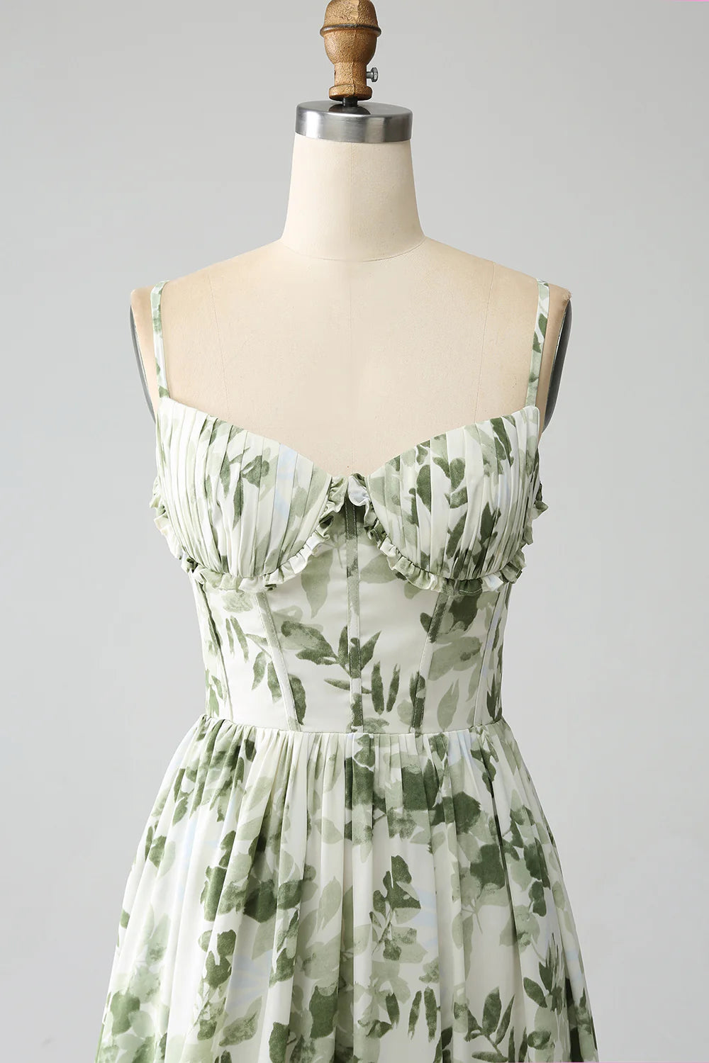 Green A Line Spaghetti Straps Printed Floral Maxi Dress With Slit