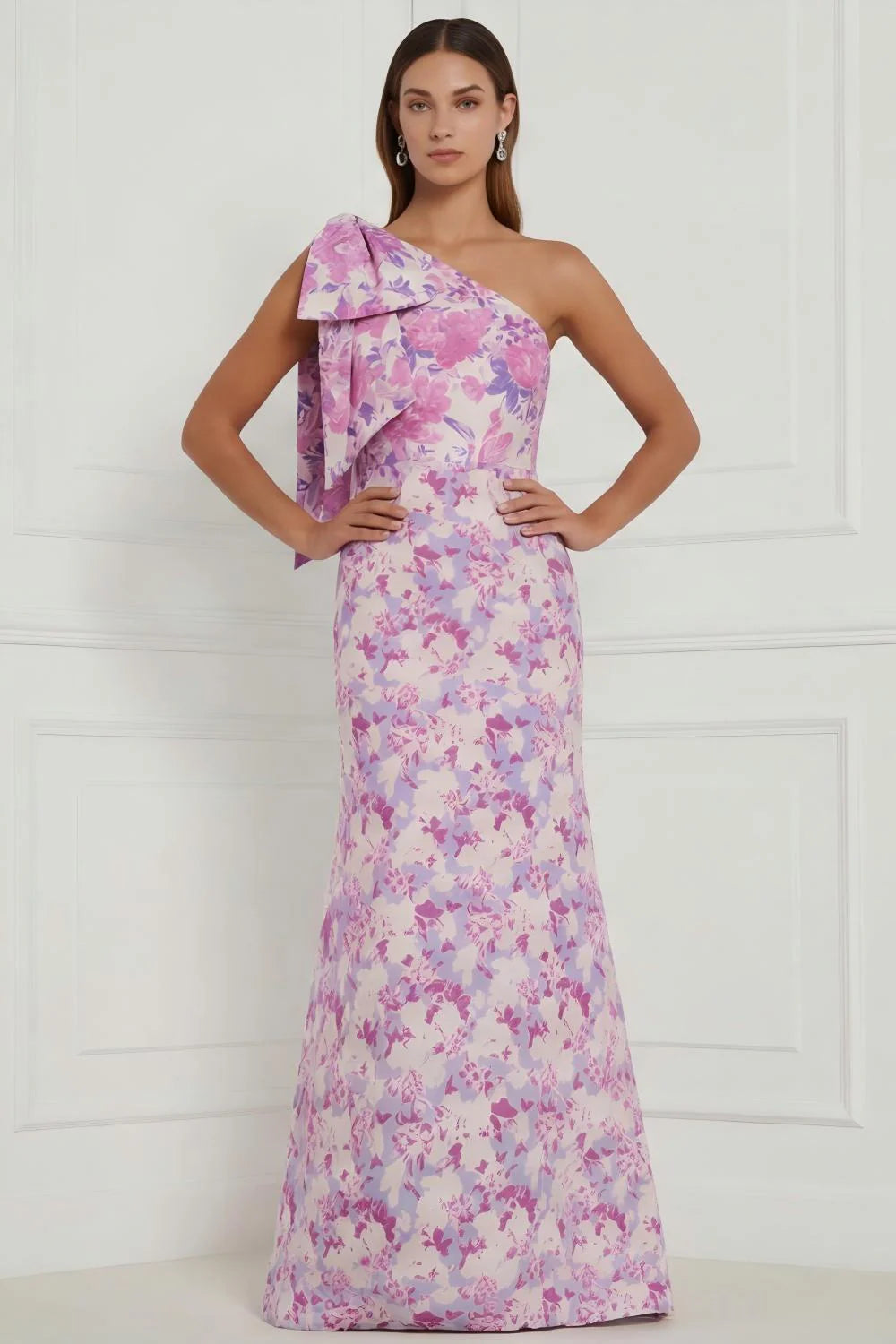 Blue White Flower Mermaid One Shoulder Print Long Bridesmaid Dress with Bow