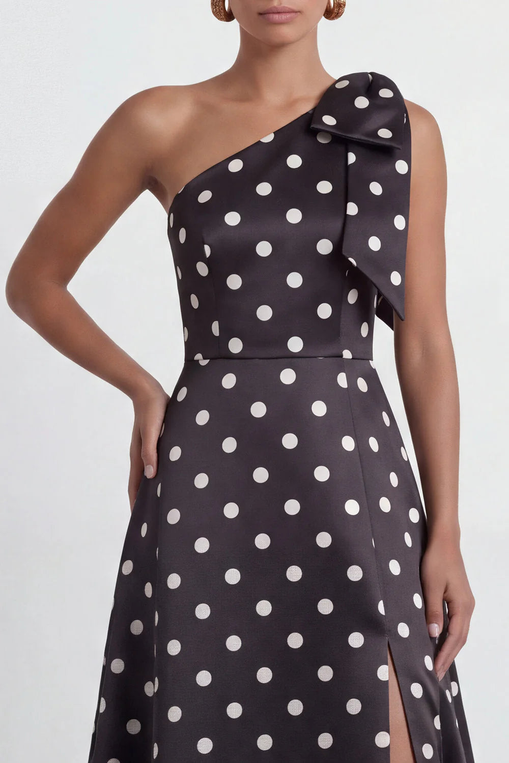 Green White Polka Dot One Shoulder A Line Formal Dress with Slit