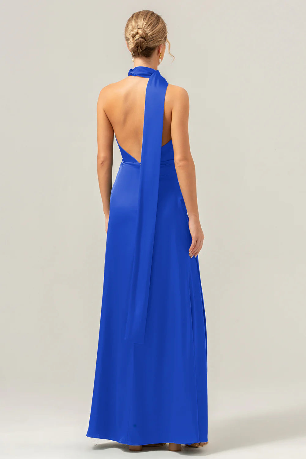 Peacock Sheath Deep V Neck Open Back Convertible Long Satin Bridesmaid Dress with Streamer