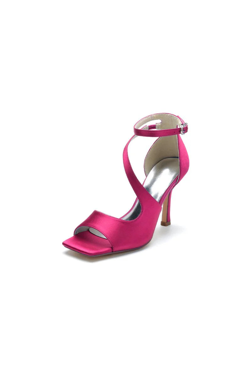 Simple Square Open Toe Ankle Strap Satin Prom Shoes
