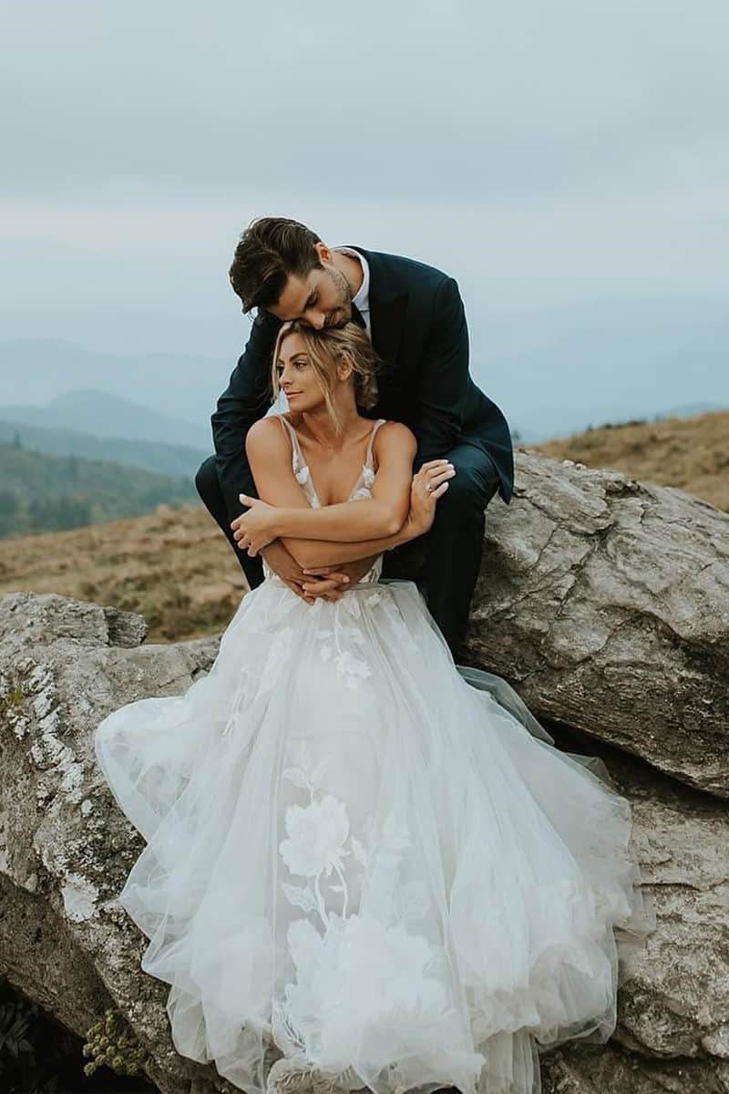 Marvelous V neck A Line Wedding Dress Tulle Appliques Rustic Wedding Dress