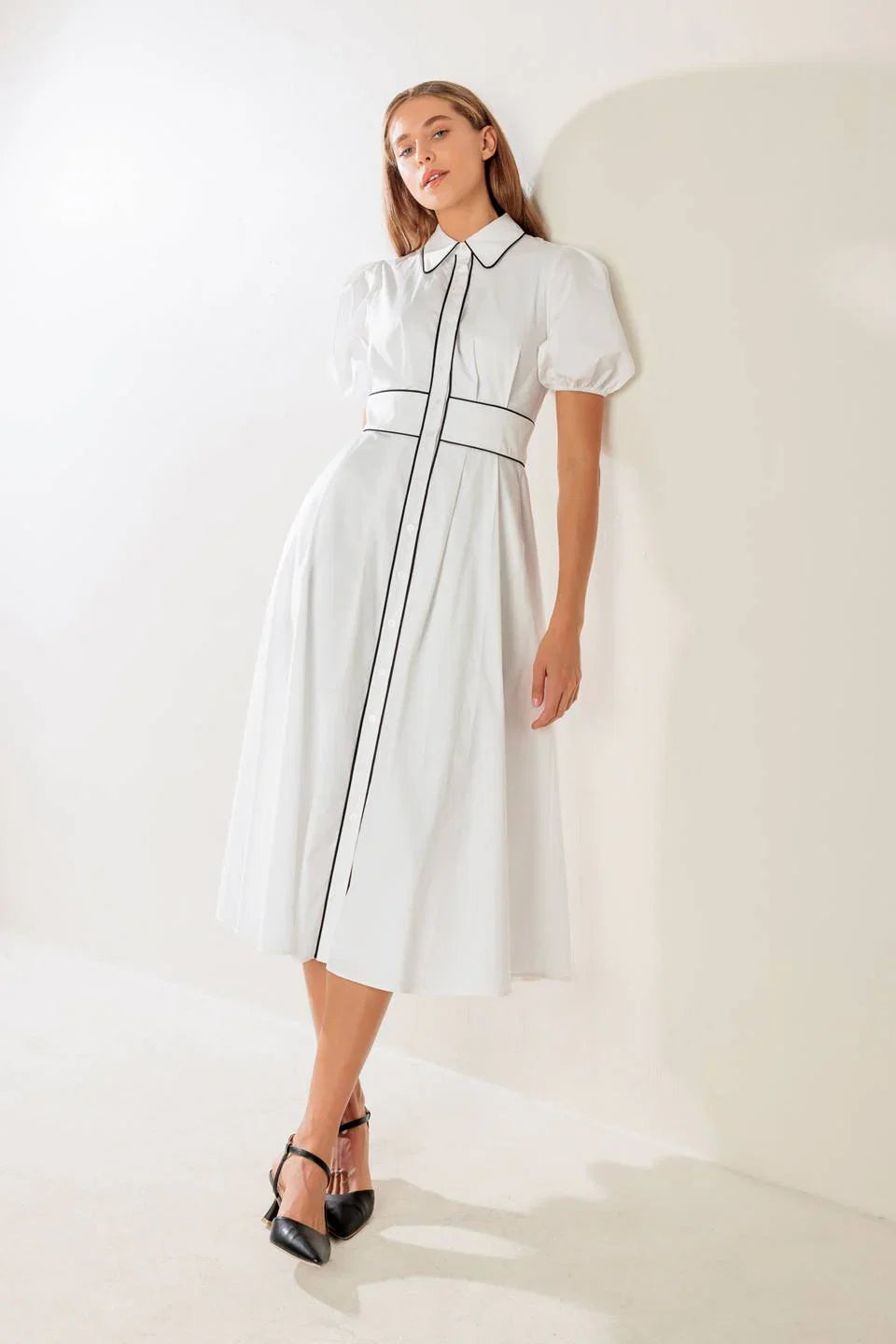 VINTAGE VIBES PUFF SLEEVE MIDI DRESS WHITE
