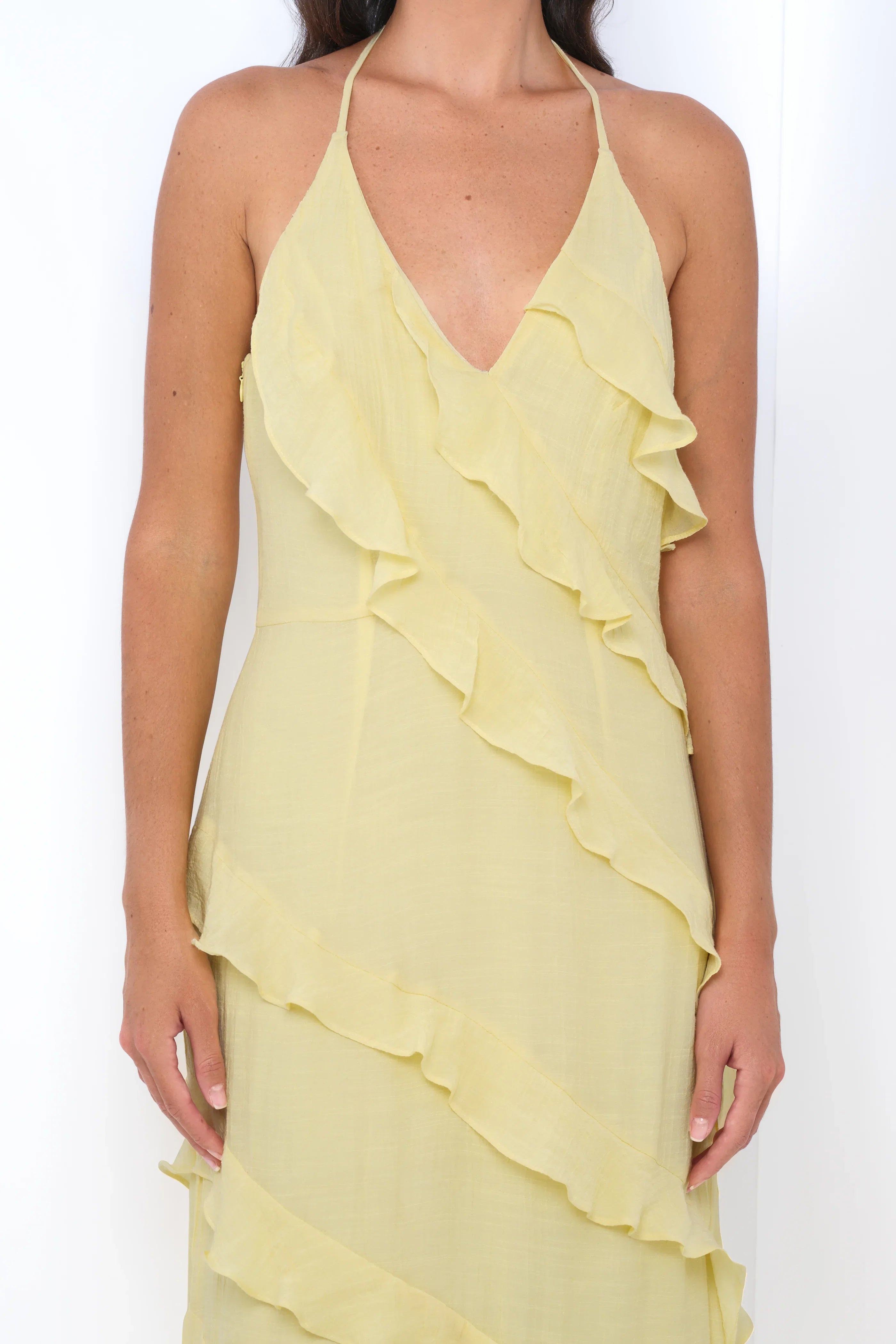 Remi Yellow Maxi Dress Halter Neck Open Back Ruffle Detail