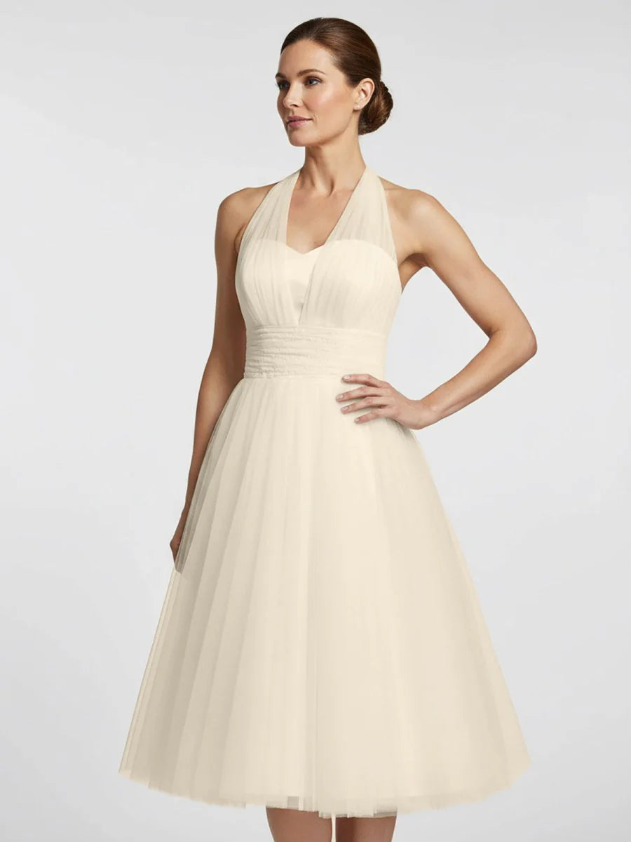 Halter A Line Tea Length Tulle Wedding Dress With Ruching