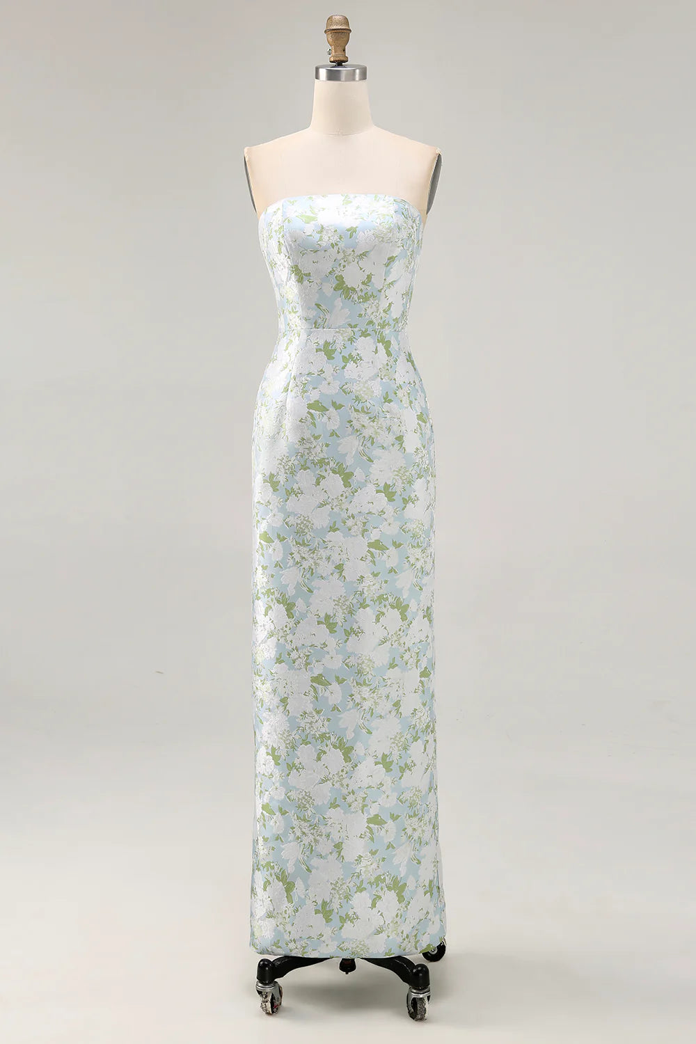Blue Sheath Strapless White Floral Back Slit Satin Maxi Dress with Pockets