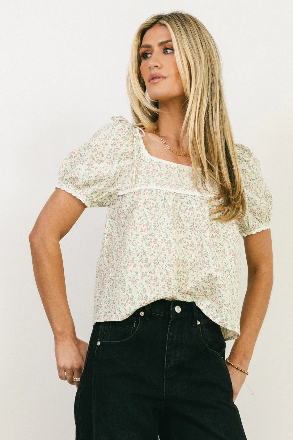 Peony Lace Trim Blouse in Blush FINAL SALE